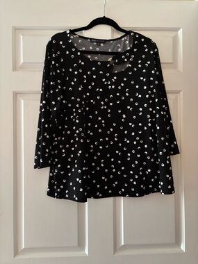Adrienne Vittadini Black Top with White Crescent Dot Print